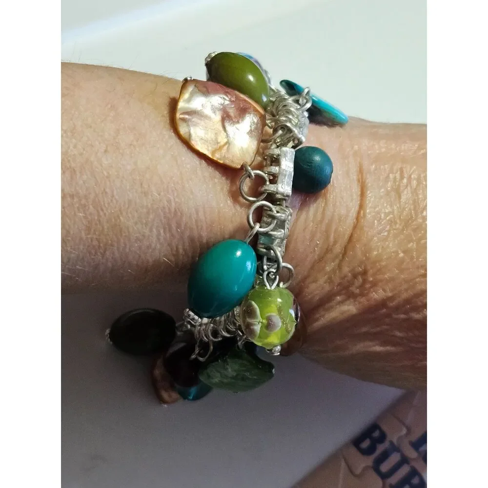 Bracelet with blue brown and green beads silver tone 7.5